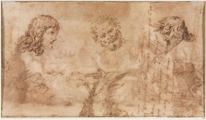 Nicolas Poussin, Three Heads and Other Sketches (verso), 1643–44